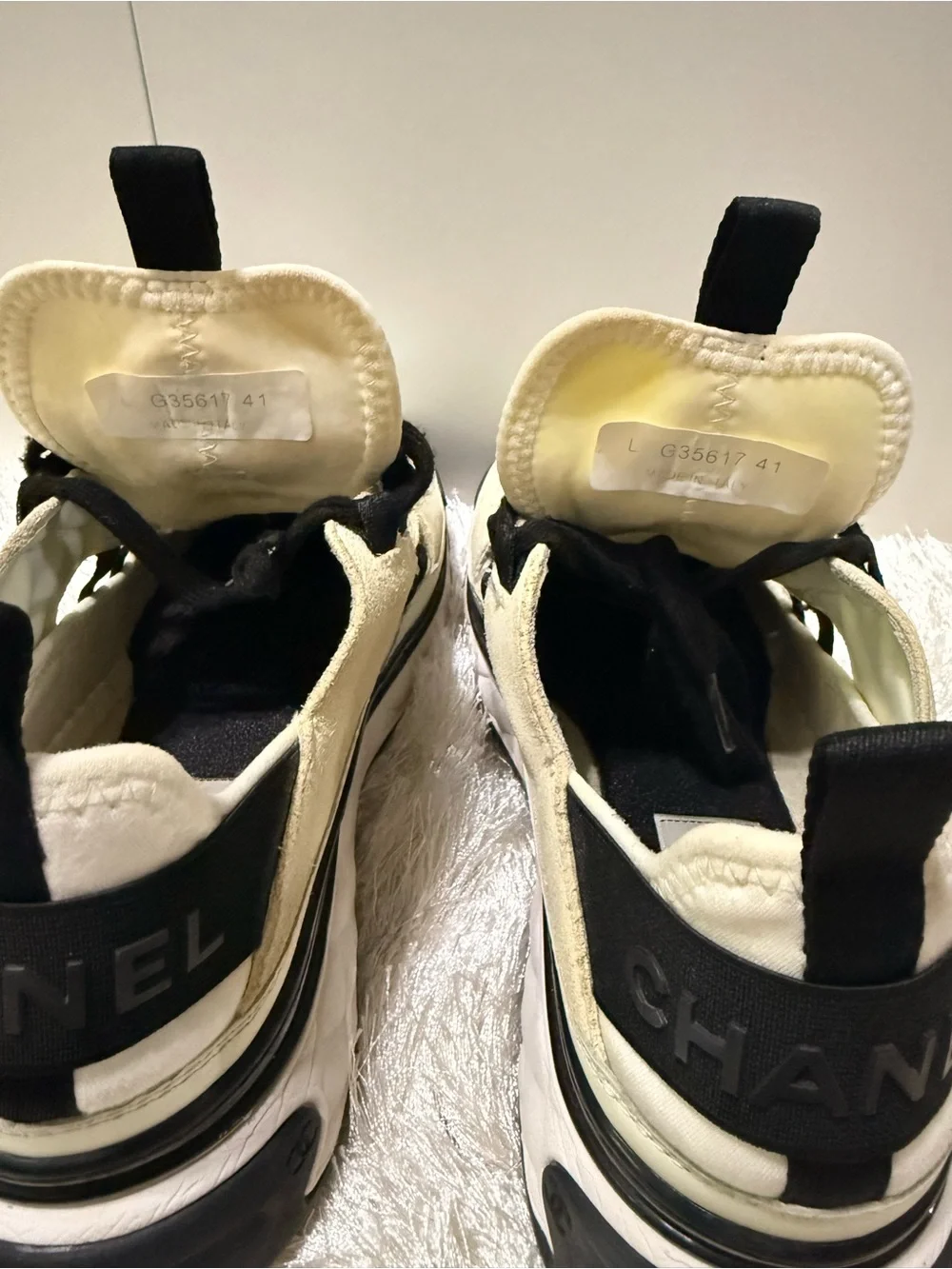AUTHENTIC CHANEL Cream and Black Low-Top Sneakers with Gold Logo